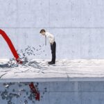 a person watches a downward arrow crash through the floor