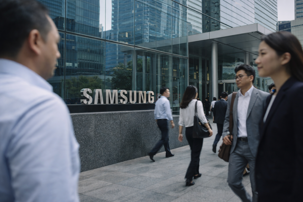 Samsung employees walk outside a modern corporate office building.